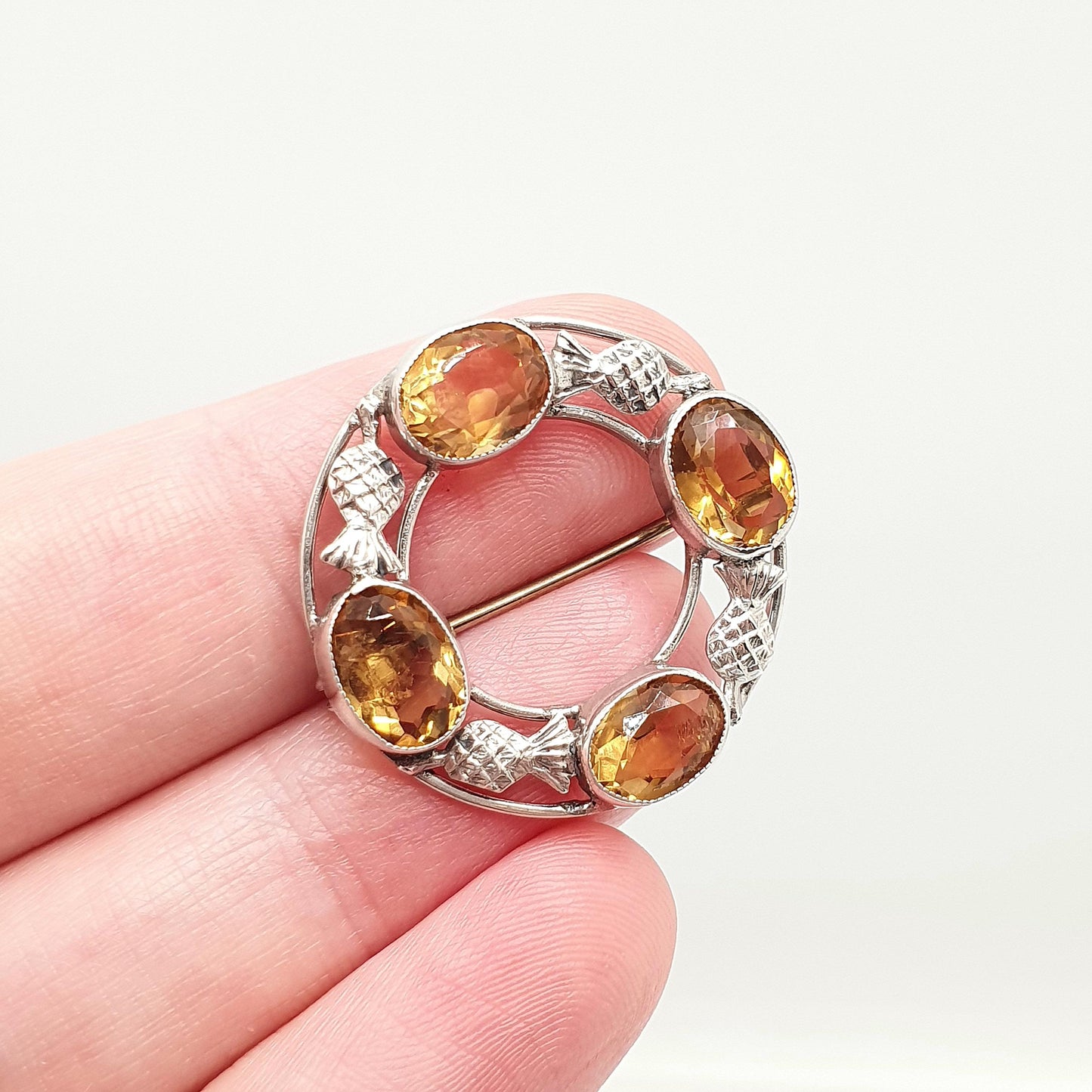Antique Victorian Sterling Silver Natural Citrine Thistle Brooch Pin Scottish Flower of Scotland Celtic Vintage Jewelry Jewellery