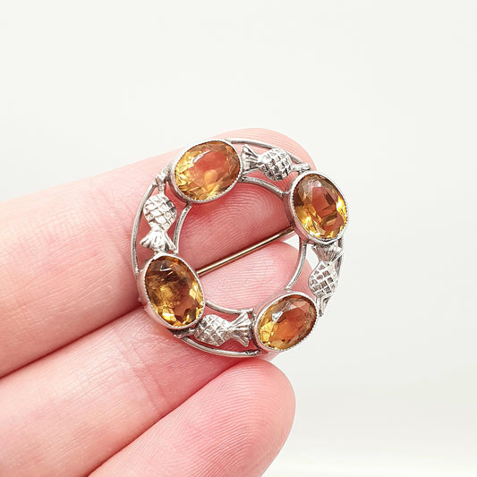 Antique Victorian Sterling Silver Natural Citrine Thistle Brooch Pin Scottish Flower of Scotland Celtic Vintage Jewelry Jewellery