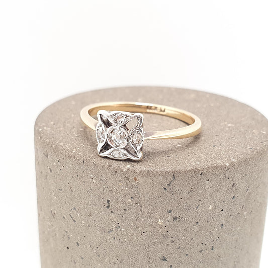 Antique 18k 18ct Gold Diamond Ring Art Deco X Cross Square Shape Solid 750 18kt Wedding Womens Engagement Vintage Jewellery Jewelry US 6 1/4