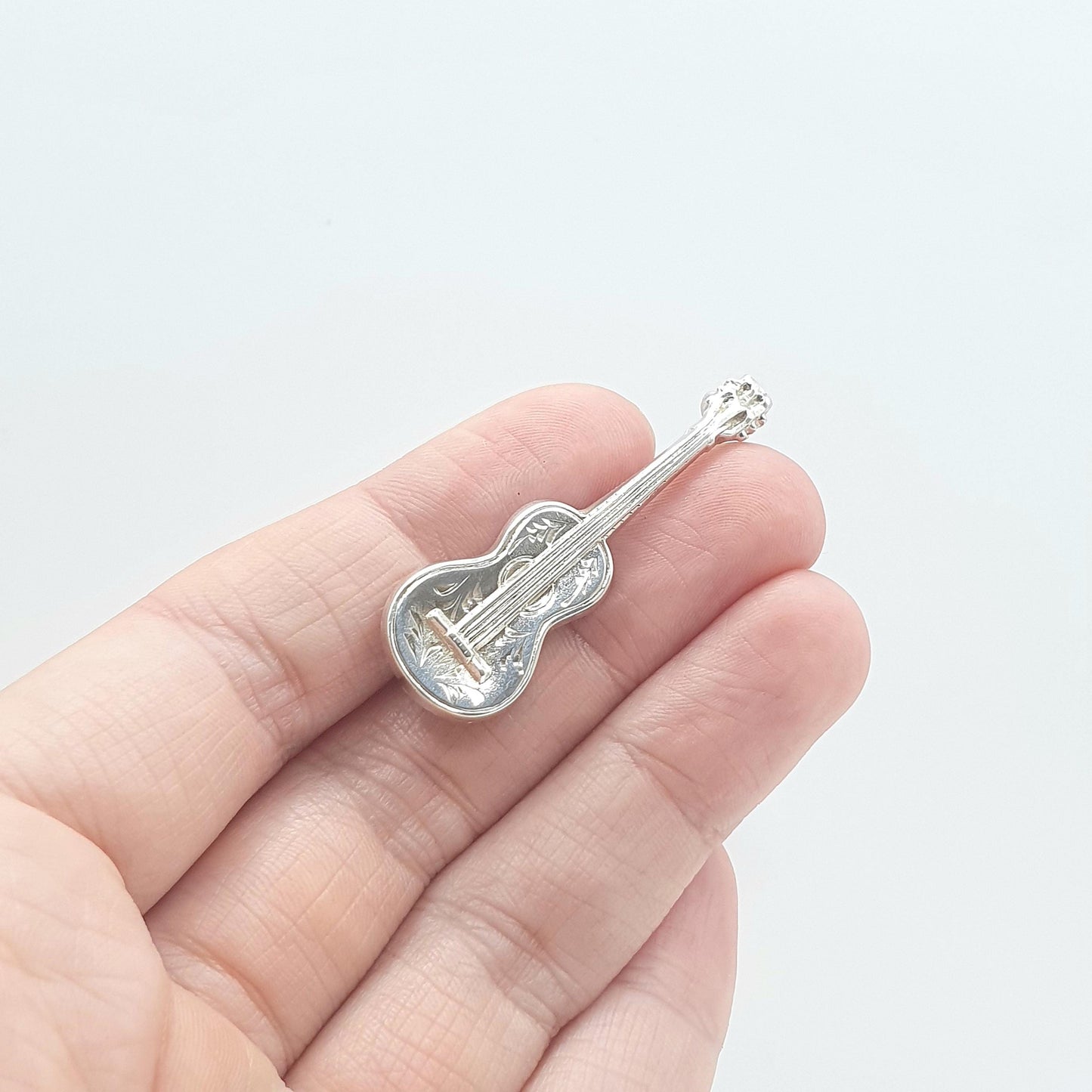 Antique Victorian Sterling Silver Guitar Brooch 1897 Hallmark Acoustic Musical Instrument Womens Mens Vintage Jewelry Jewellery
