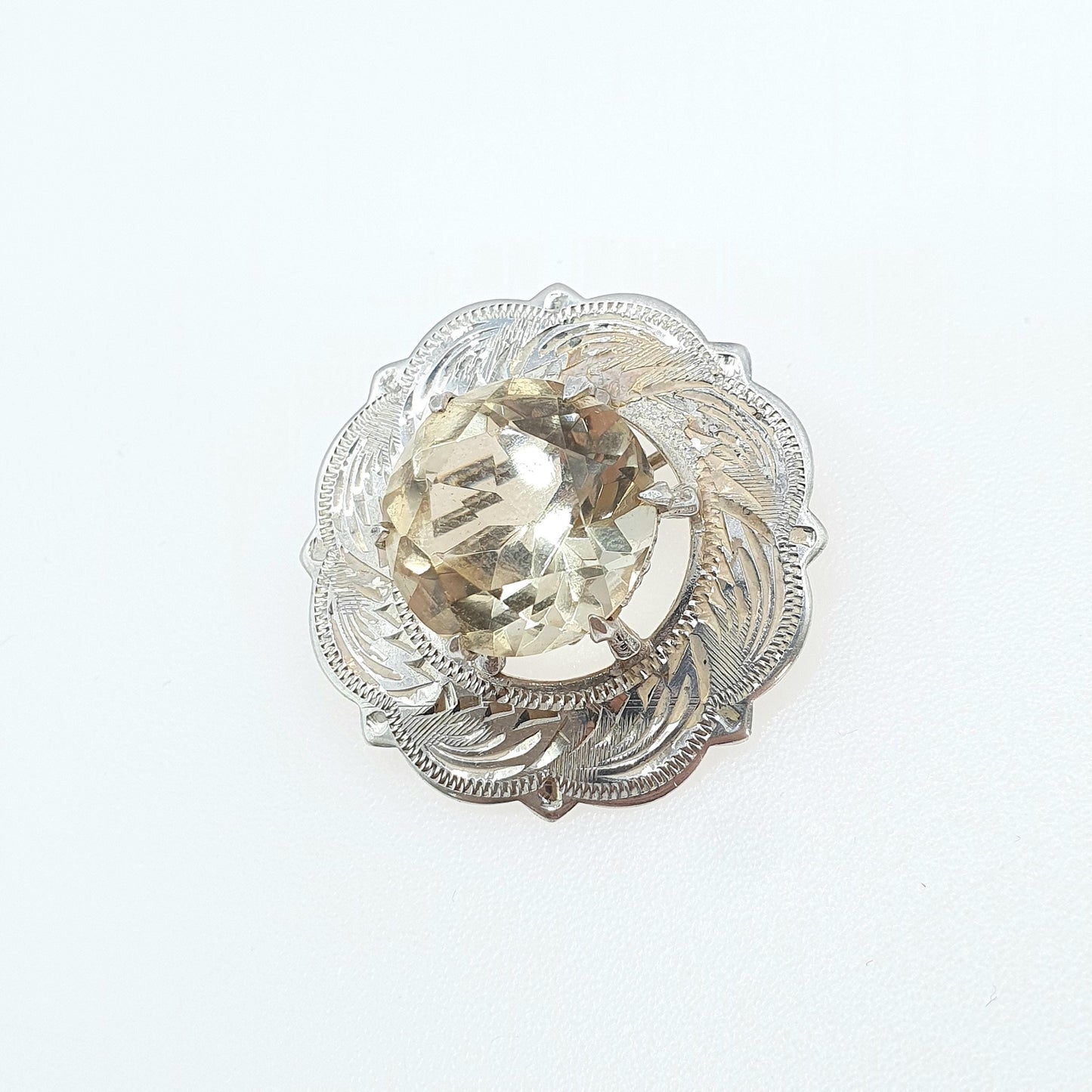 Old Vintage Sterling Silver Scottish Citrine Brooch Round Cut Large Orange Gemstone Targe Shield Womens Jewelry Jewellery