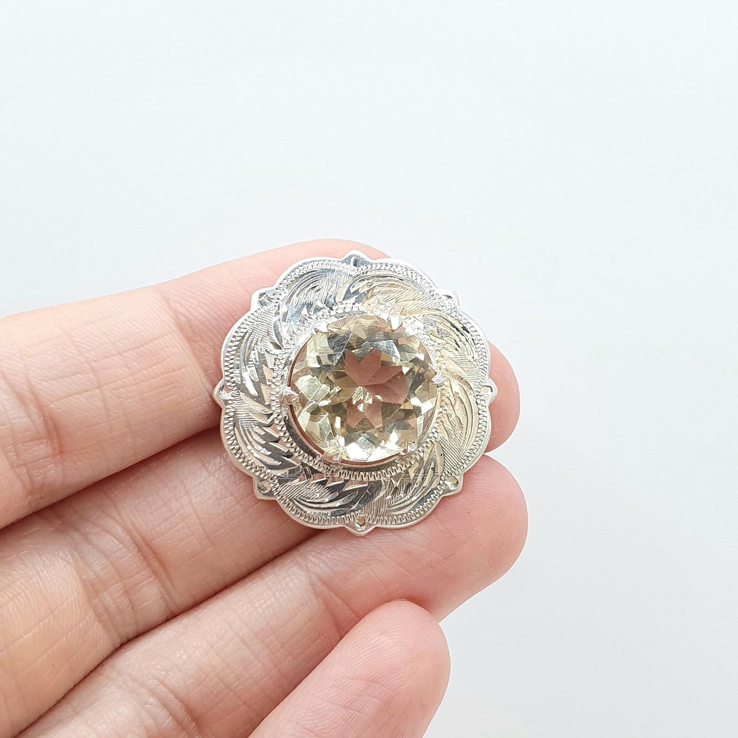 Old Vintage Sterling Silver Scottish Citrine Brooch Round Cut Large Orange Gemstone Targe Shield Womens Jewelry Jewellery