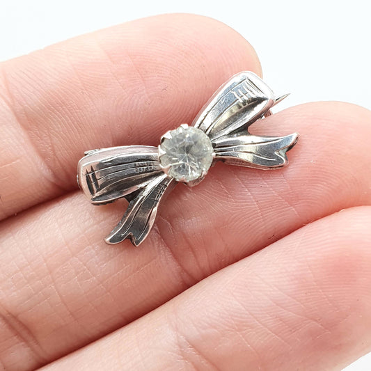 Antique Victorian Sterling Silver Bow Brooch Diamond Paste 1897 Hallmark Tiny Cute Small Vintage Womens Jewelry Jewellery Mens