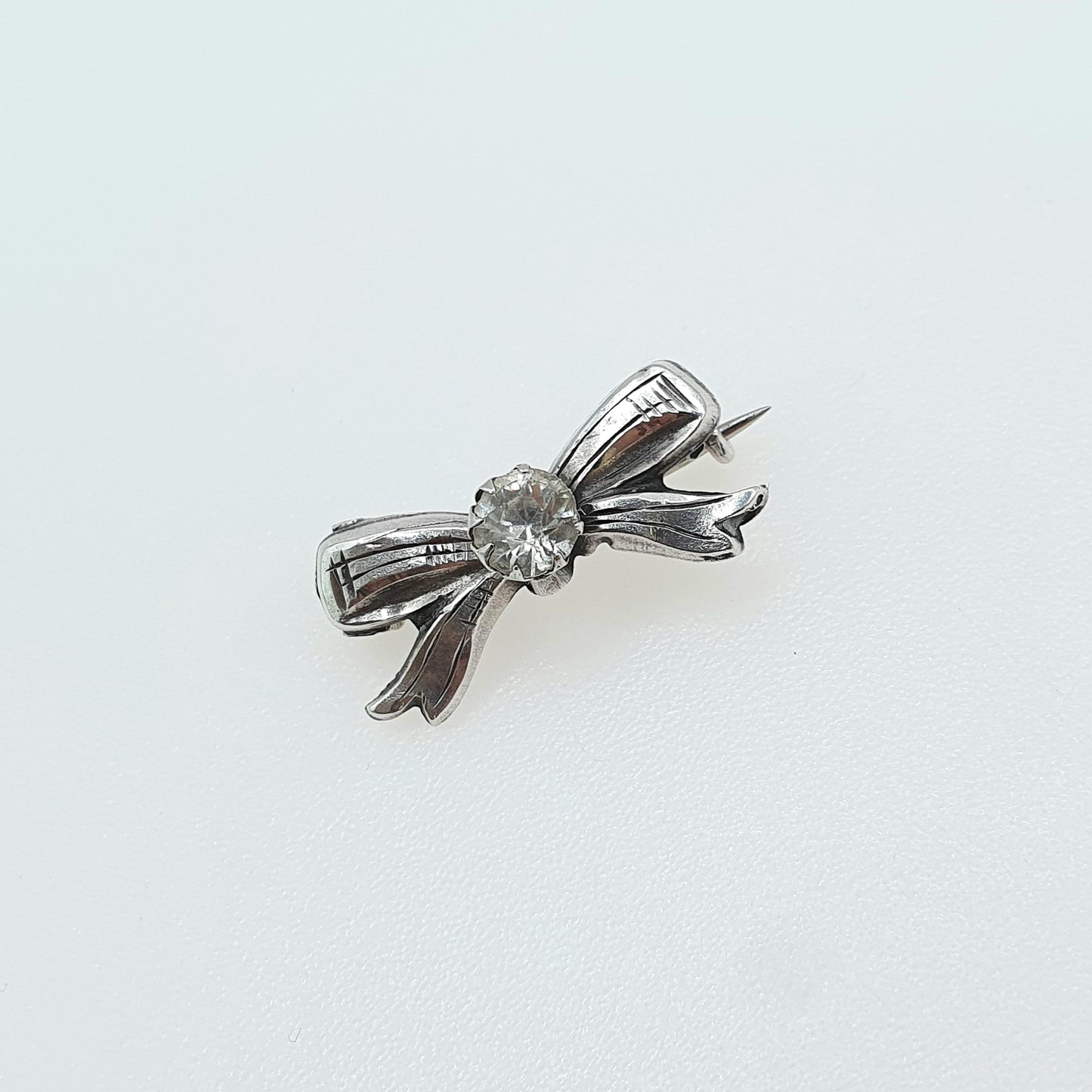 Antique Victorian Sterling Silver Bow Brooch Diamond Paste 1897 Hallmark Tiny Cute Small Vintage Womens Jewelry Jewellery Mens