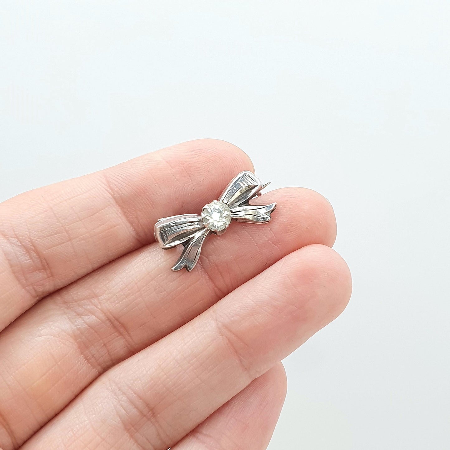 Antique Victorian Sterling Silver Bow Brooch Diamond Paste 1897 Hallmark Tiny Cute Small Vintage Womens Jewelry Jewellery Mens