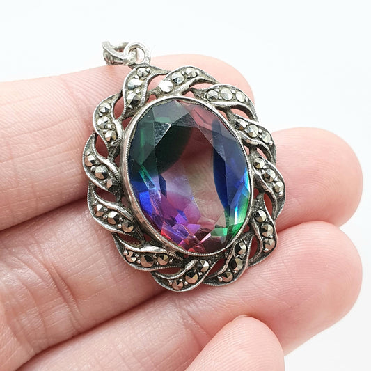 Antique Solid Silver Rainbow Iris Glass Pendant Art Deco Marcasite Tutti Fruitti Vintage Womens Jewellery Jewelry Mens Unisex