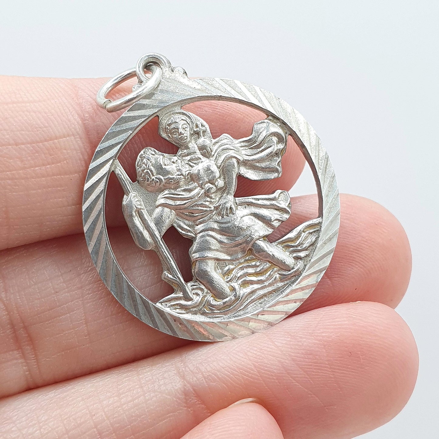 Vintage Sterling Silver GEORG JENSEN St Christopher Pendant Pierced Cut Out Round Large Jewellery Jewelry Catholic Christian Mens Womens