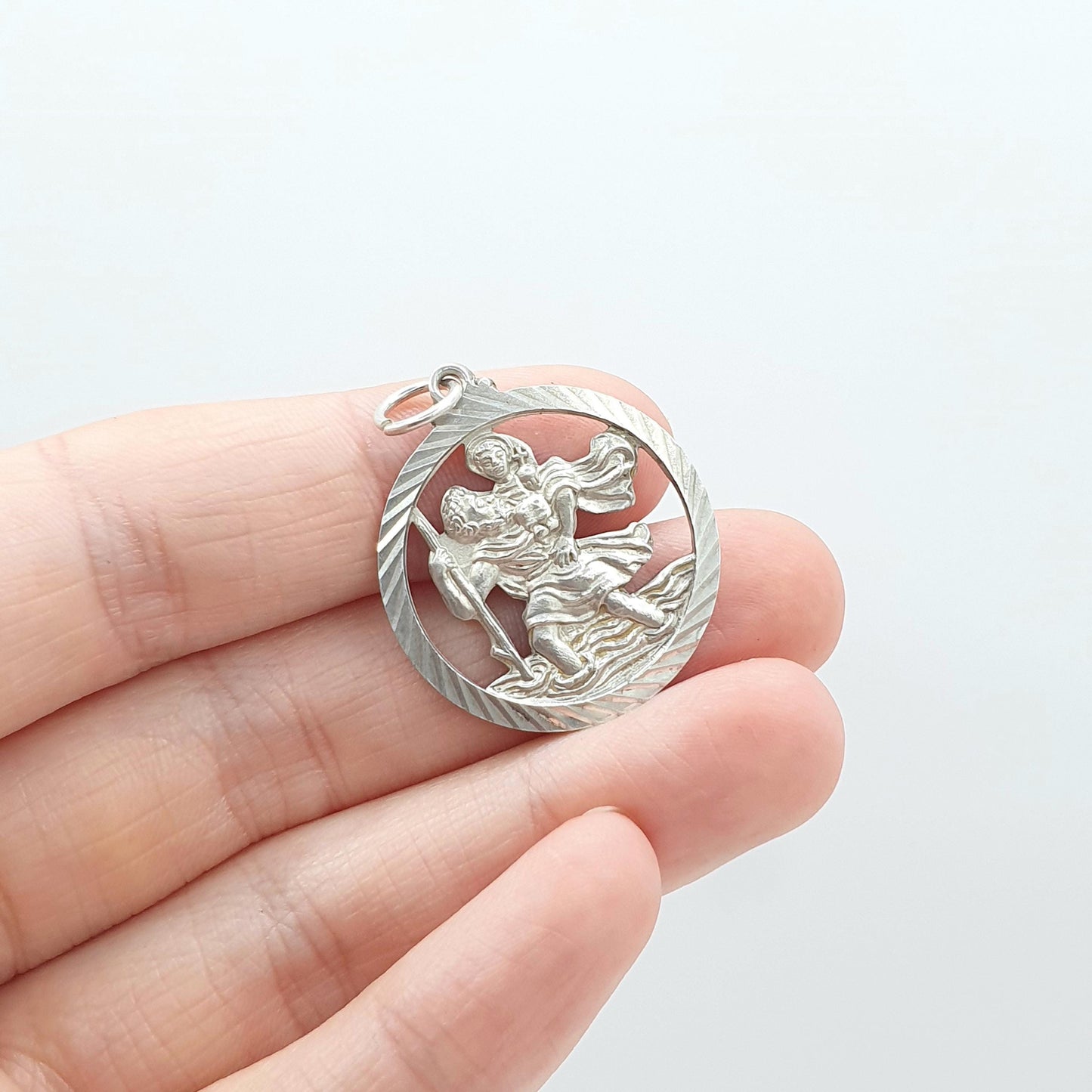 Vintage Sterling Silver GEORG JENSEN St Christopher Pendant Pierced Cut Out Round Large Jewellery Jewelry Catholic Christian Mens Womens