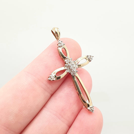 Vintage 9ct Gold Diamond Cross Crucifix Pendant Natural Diamonds Large Big Solid 9k 9kt 375 Necklace Jewelry