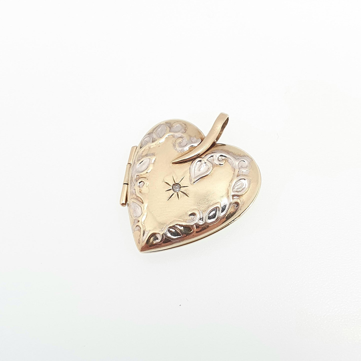 Vintage Solid 9ct 9k Gold Diamond Heart Locket Star Centre White Gold Highlights Necklace Photo Picture Pendant Jewelry Jewellery