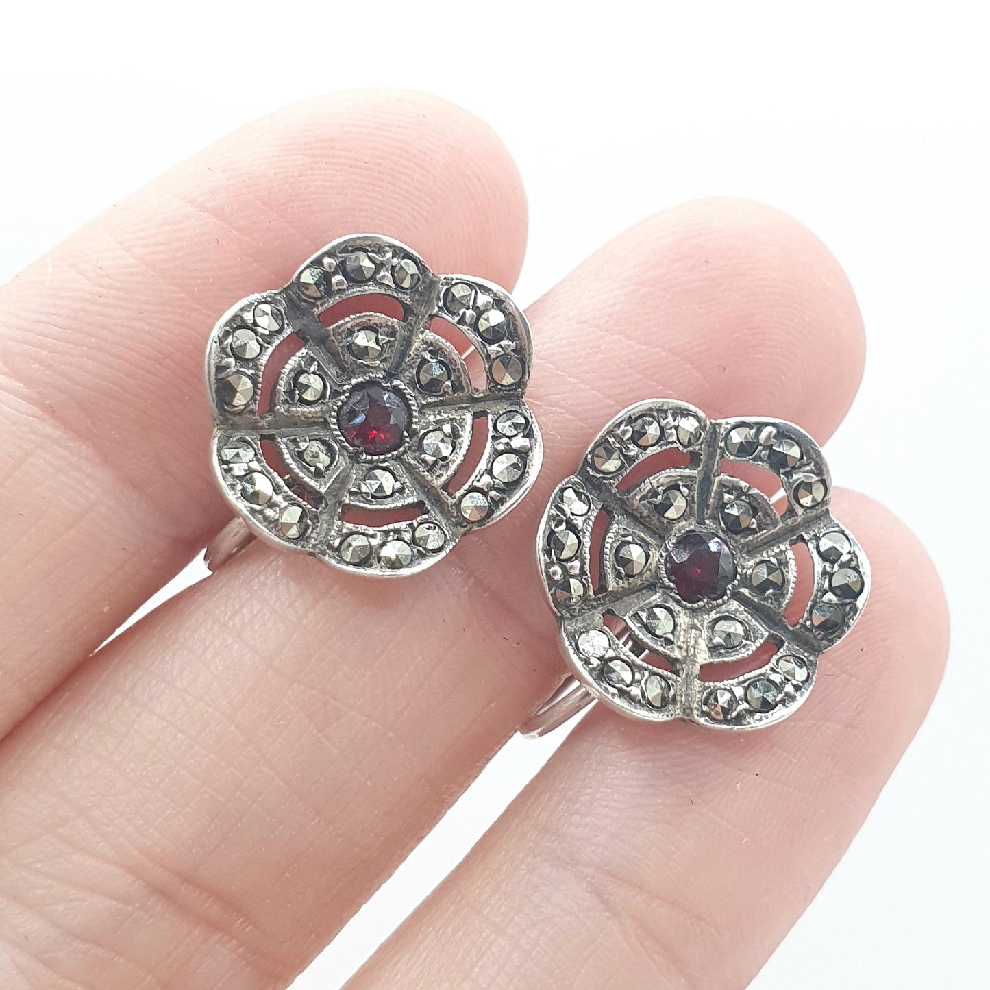 Antique Art Deco Solid Silver Garnet & Marcasite Earrings Flower Cluster Screw Back Womens Ladies Jewelry Jewellery