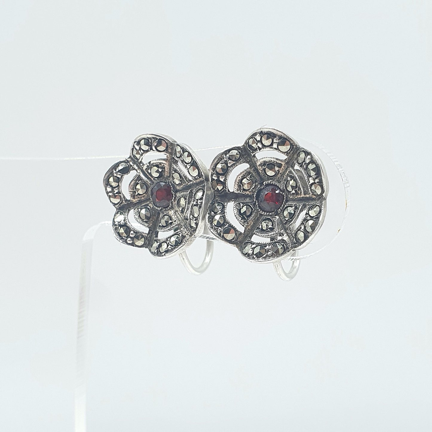 Antique Art Deco Solid Silver Garnet & Marcasite Earrings Flower Cluster Screw Back Womens Ladies Jewelry Jewellery