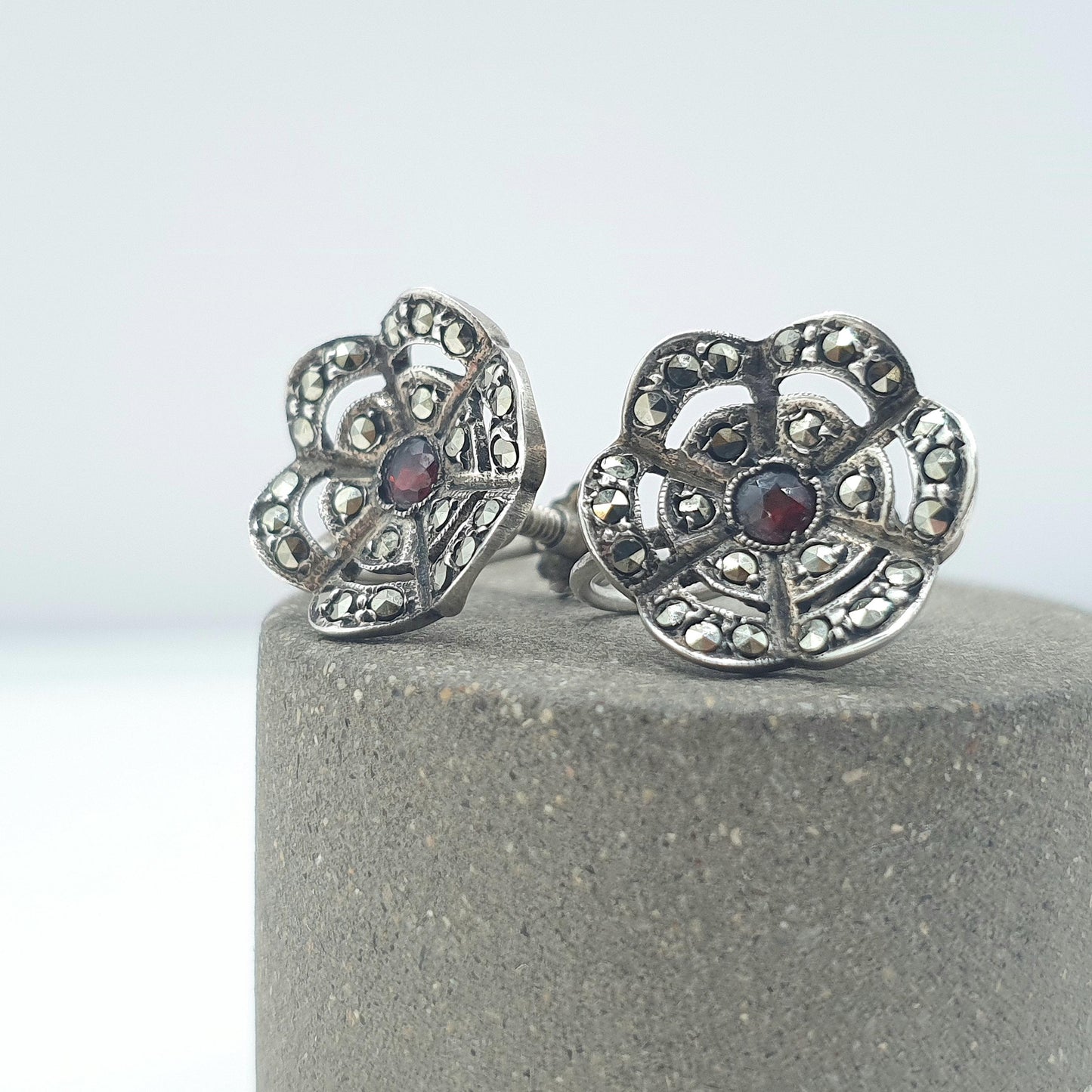 Antique Art Deco Solid Silver Garnet & Marcasite Earrings Flower Cluster Screw Back Womens Ladies Jewelry Jewellery