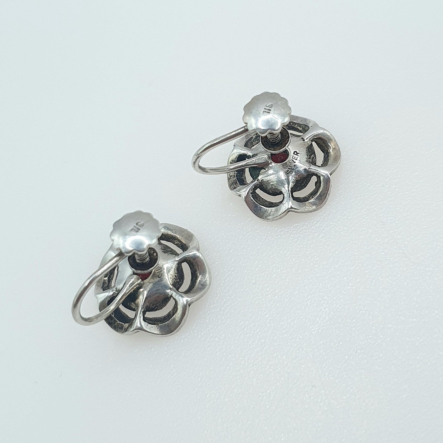 Antique Art Deco Solid Silver Garnet & Marcasite Earrings Flower Cluster Screw Back Womens Ladies Jewelry Jewellery