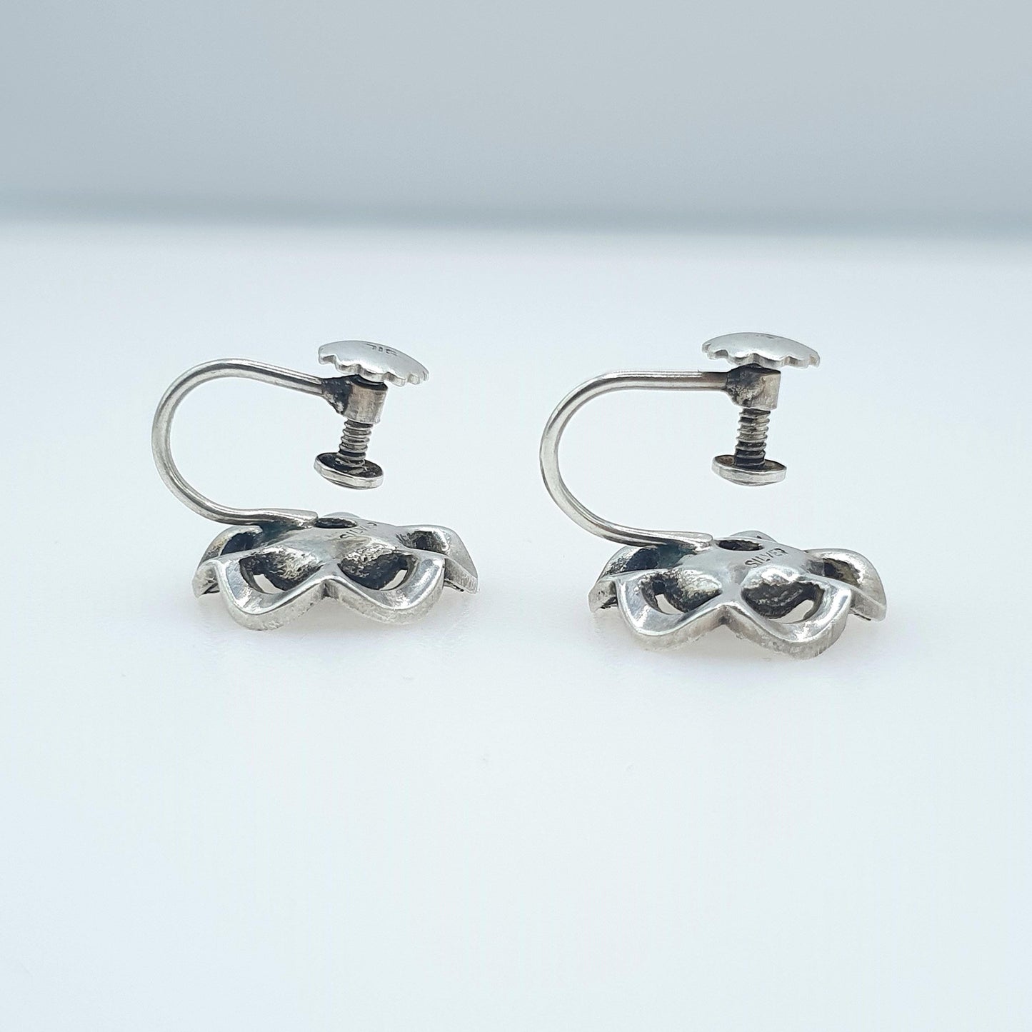 Antique Art Deco Solid Silver Garnet & Marcasite Earrings Flower Cluster Screw Back Womens Ladies Jewelry Jewellery