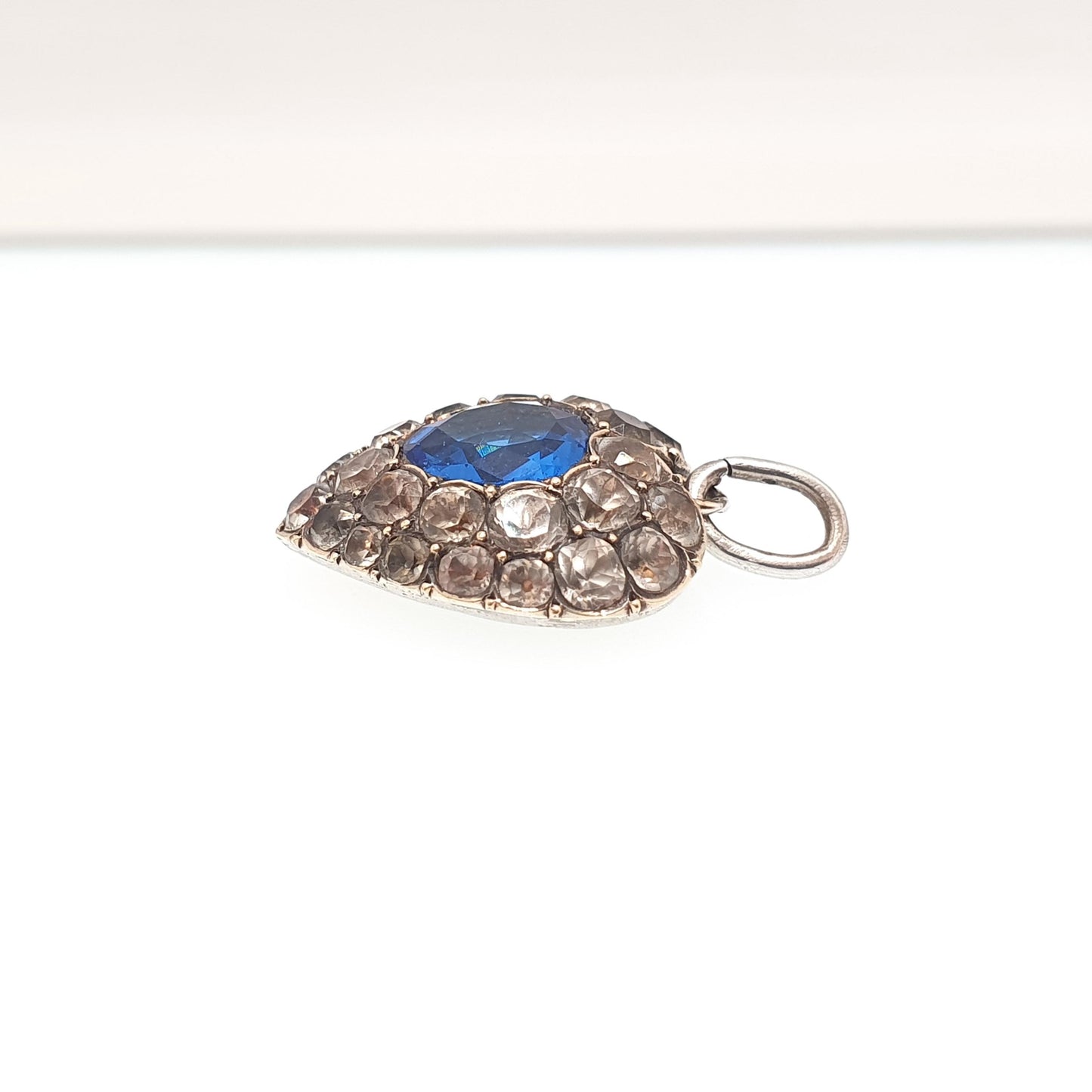 Antique Solid Silver Sapphire Diamond Paste Puffer Heart Pendant Necklace Victorian Gold Vermeil Old Cut Vintage Jewellery Jewelry