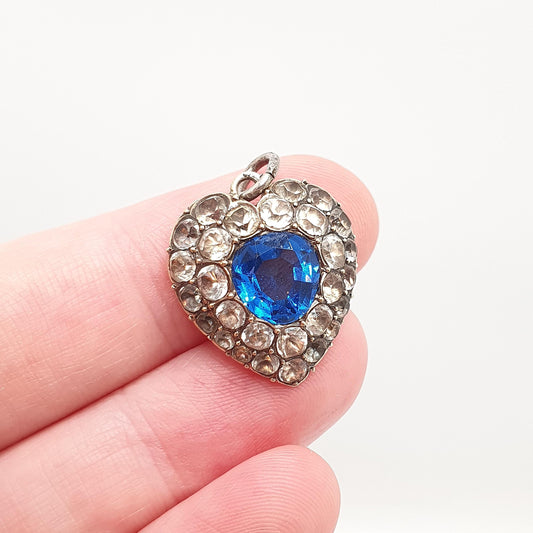 Antique Solid Silver Sapphire Diamond Paste Puffer Heart Pendant Necklace Victorian Gold Vermeil Old Cut Vintage Jewellery Jewelry