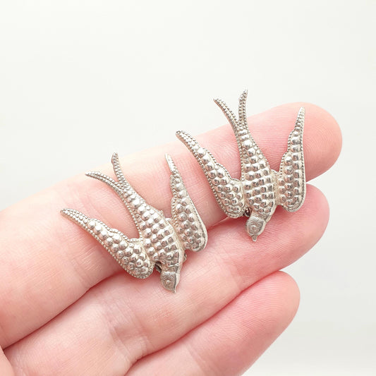 Antique Sterling Silver Bird Earrings Swallow Swifts Clip On Large Big Charles Horner Style Pastry Cutter Vintage Womens Jewelry Jewellery