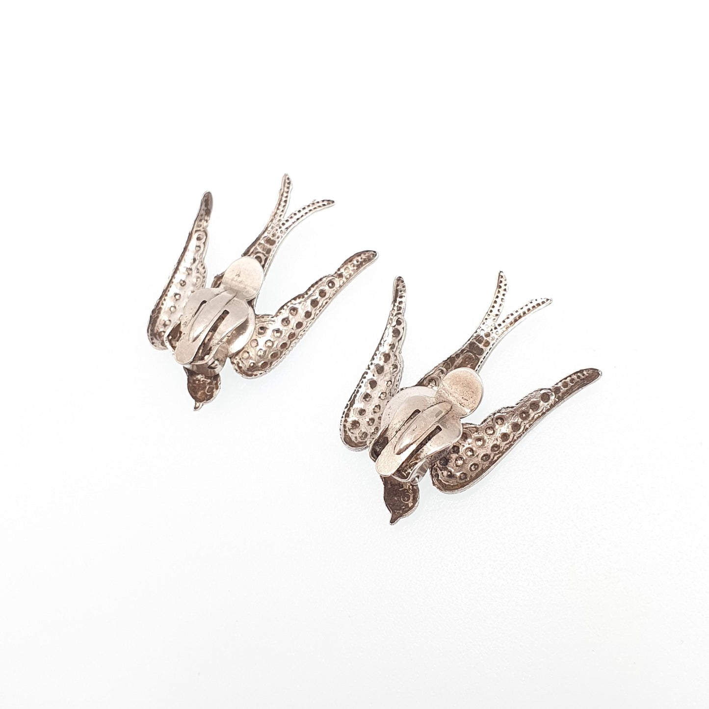 Antique Sterling Silver Bird Earrings Swallow Swifts Clip On Large Big Charles Horner Style Pastry Cutter Vintage Womens Jewelry Jewellery