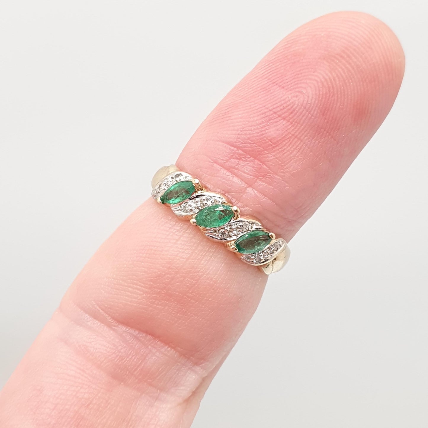 Vintage 9k Gold Emerald Diamond Ring Trilogy Marquise Cut Solid 9ct 375 Retro Genuine Gemstones Real Jewelry Jewellery Womens