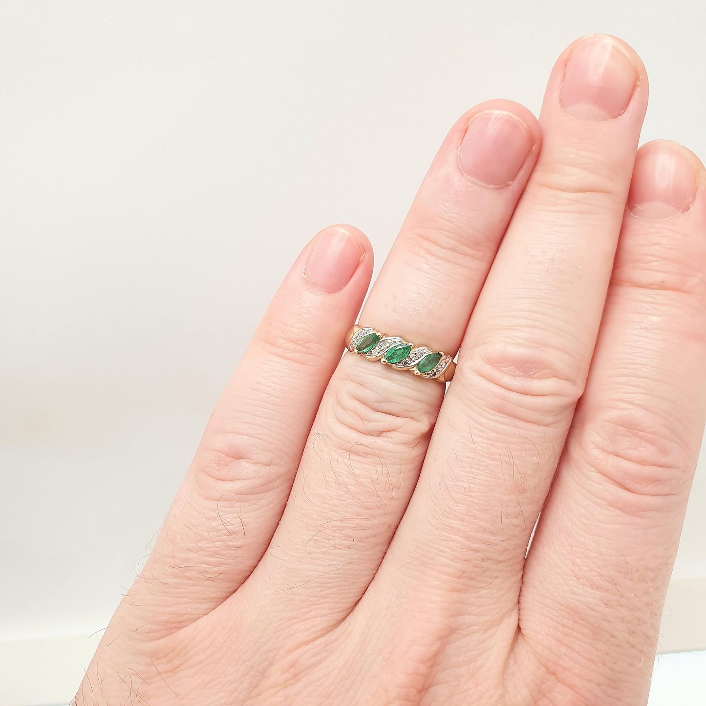 Vintage 9k Gold Emerald Diamond Ring Trilogy Marquise Cut Solid 9ct 375 Retro Genuine Gemstones Real Jewelry Jewellery Womens