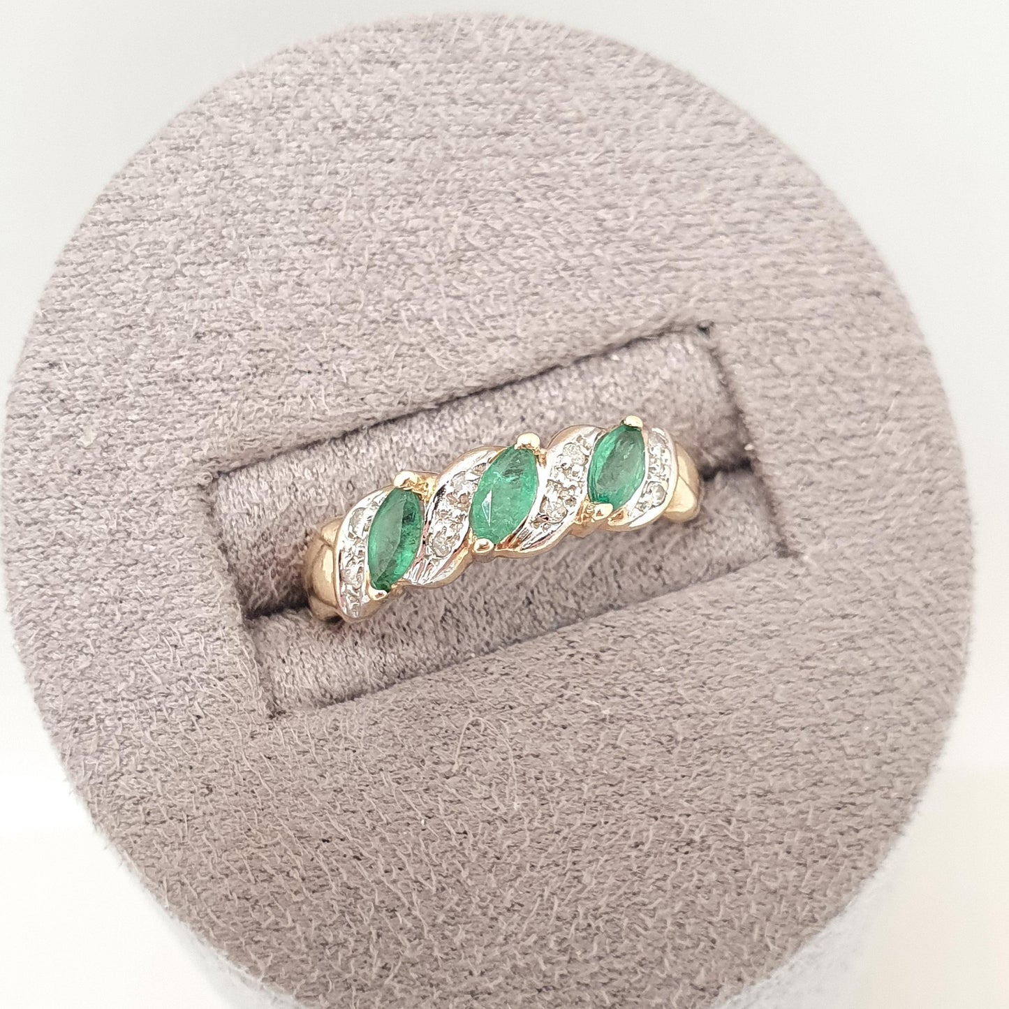 Vintage 9k Gold Emerald Diamond Ring Trilogy Marquise Cut Solid 9ct 375 Retro Genuine Gemstones Real Jewelry Jewellery Womens