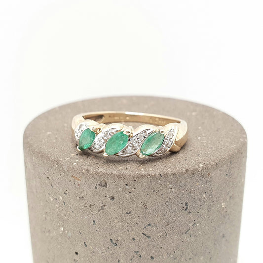 Vintage 9k Gold Emerald Diamond Ring Trilogy Marquise Cut Solid 9ct 375 Retro Genuine Gemstones Real Jewelry Jewellery Womens