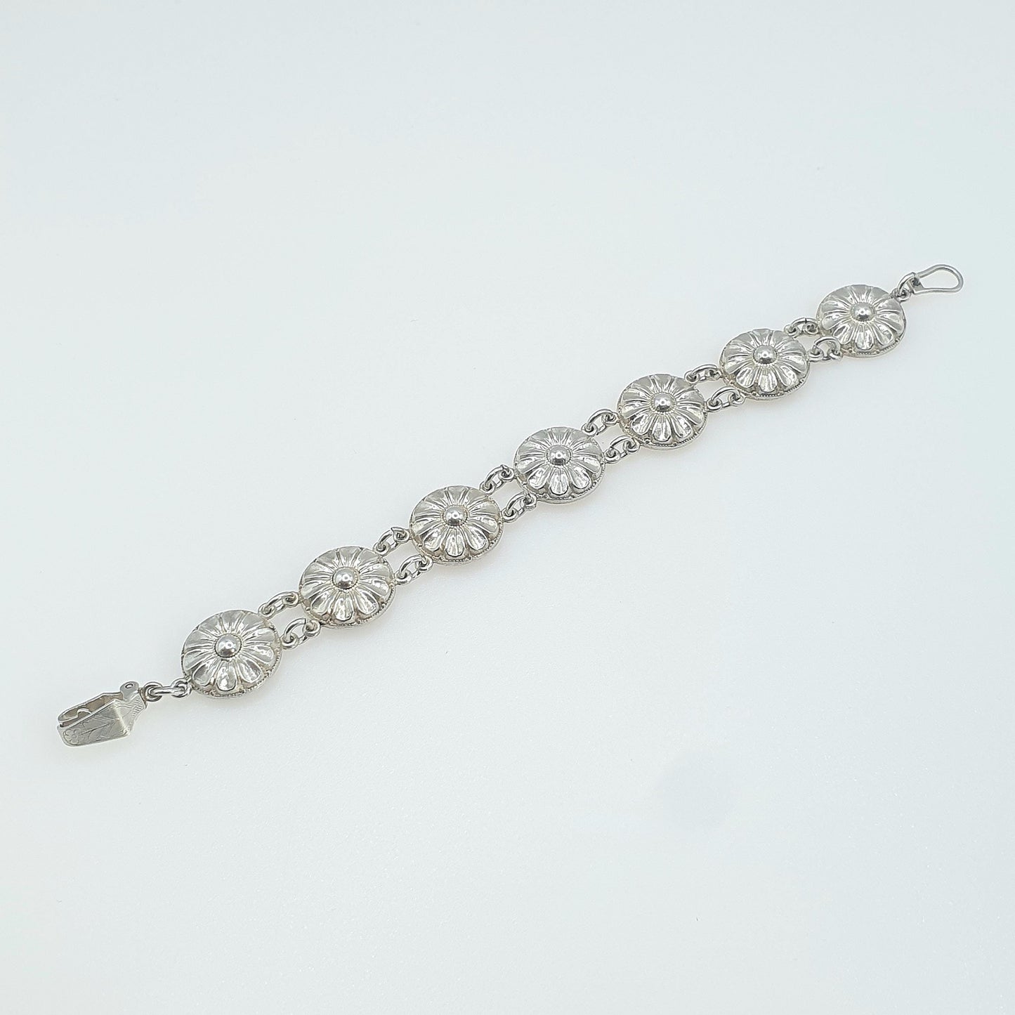 Antique Sterling Silver Flower Link Bracelet Art Deco Floral Vintage 1920s Womens Jewelry Jewellery 18.5cm 17.40g