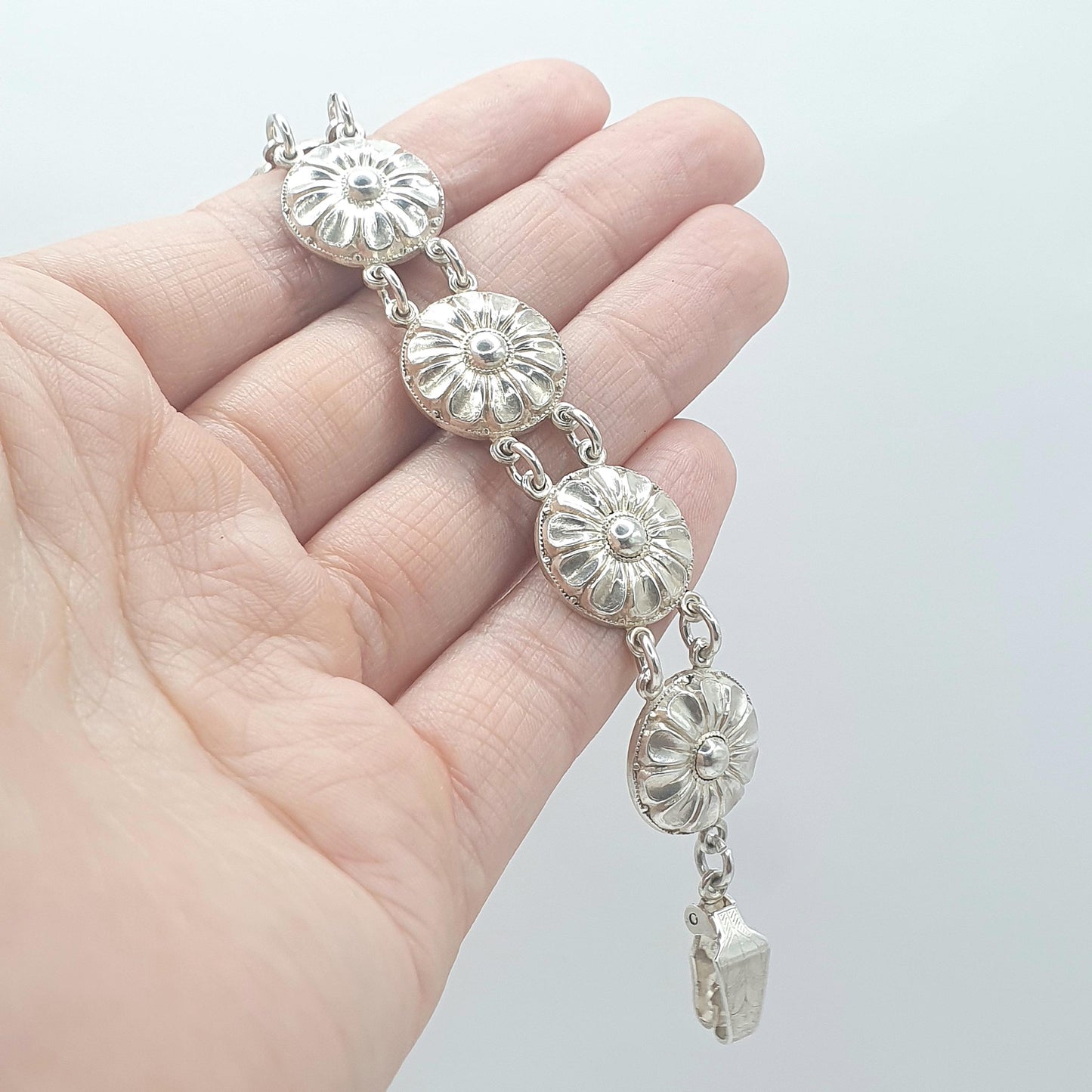 Antique Sterling Silver Flower Link Bracelet Art Deco Floral Vintage 1920s Womens Jewelry Jewellery 18.5cm 17.40g