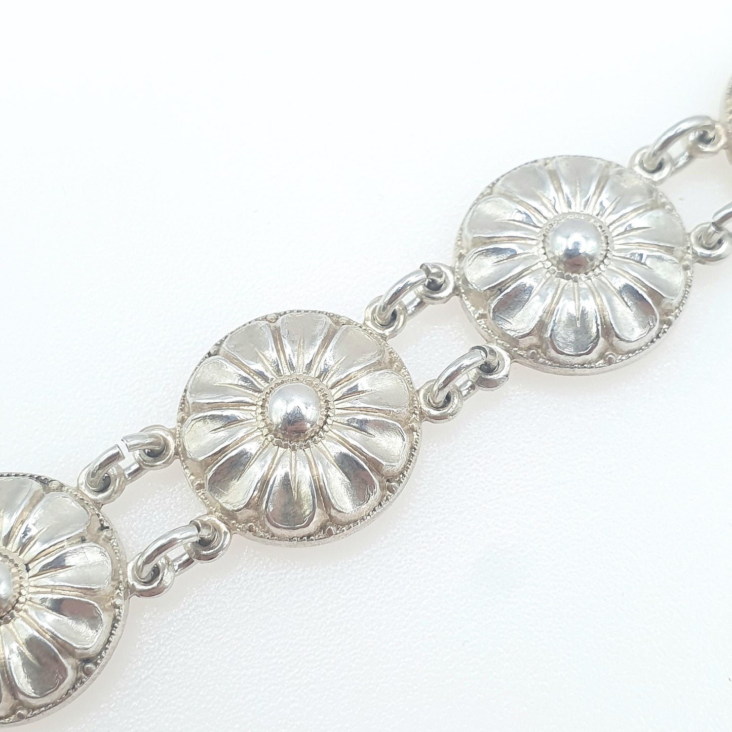 Antique Sterling Silver Flower Link Bracelet Art Deco Floral Vintage 1920s Womens Jewelry Jewellery 18.5cm 17.40g