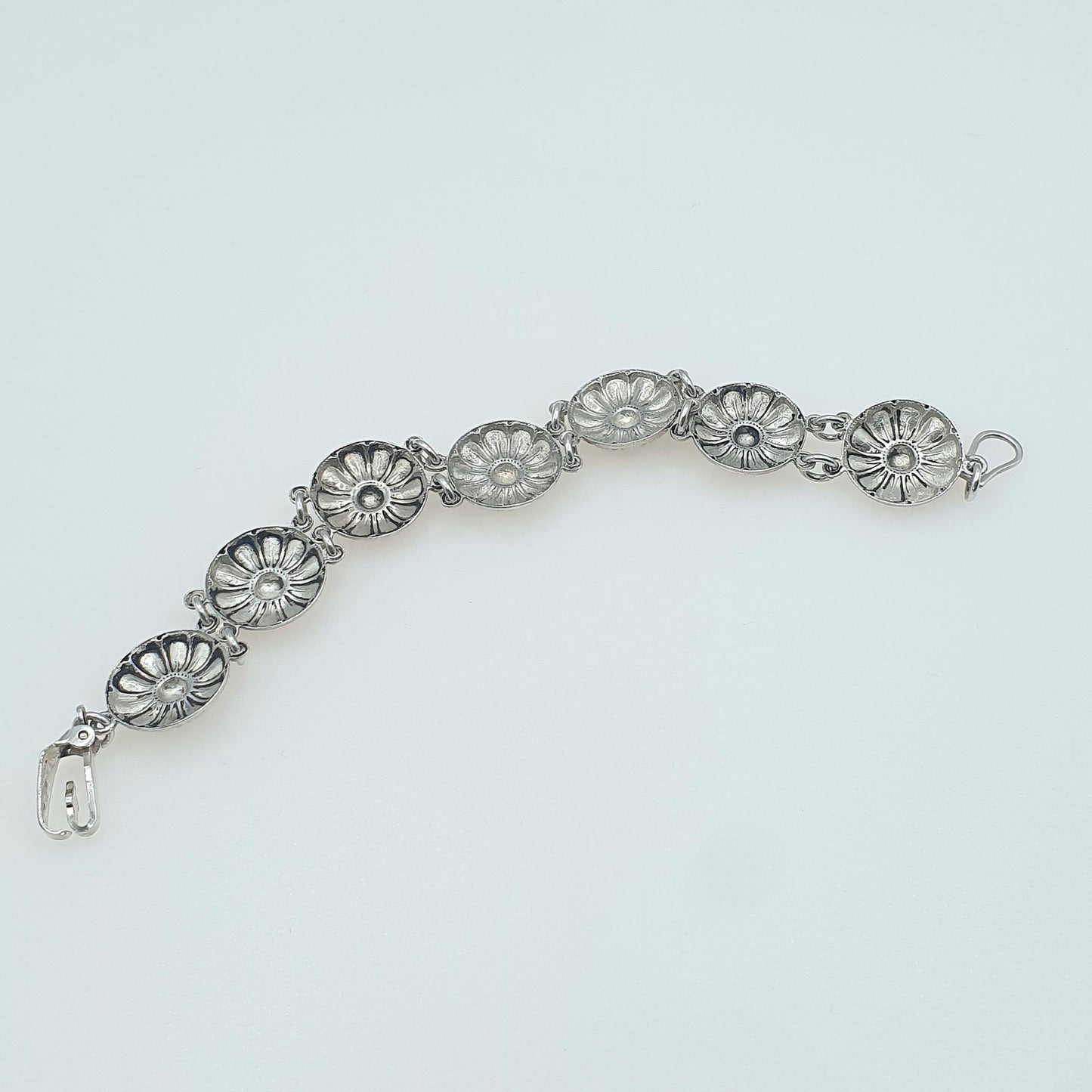 Antique Sterling Silver Flower Link Bracelet Art Deco Floral Vintage 1920s Womens Jewelry Jewellery 18.5cm 17.40g