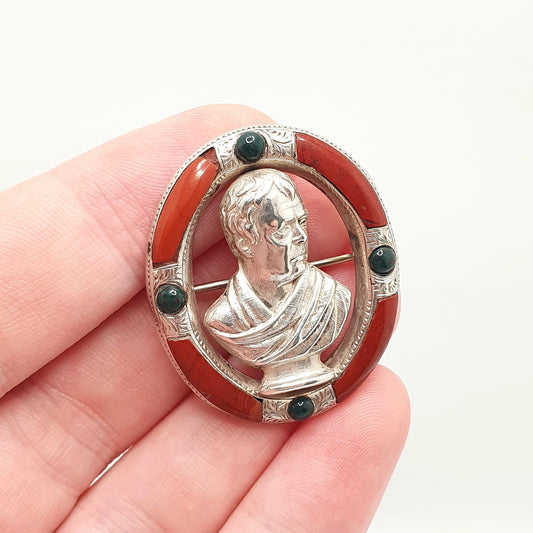 Antique Sterling Silver Sir Walter Scott Brooch 1871 Victorian Scottish Jasper Bloodstone Scottish Novelist Vintage Jewelry Jewellery