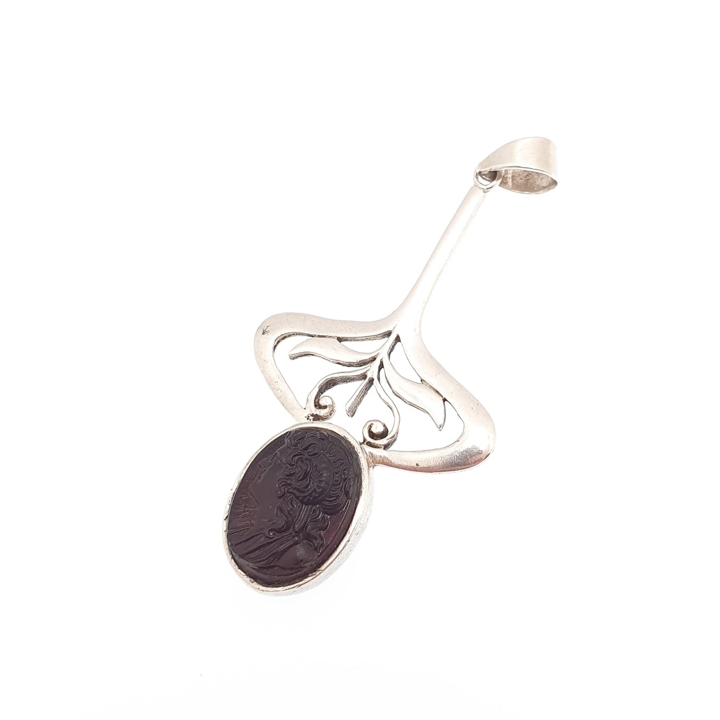 Antique Sterling Silver Glass Cameo Pendant Art Nouveau Faux Garnet Necklace Vintage Jewellery Jewelry