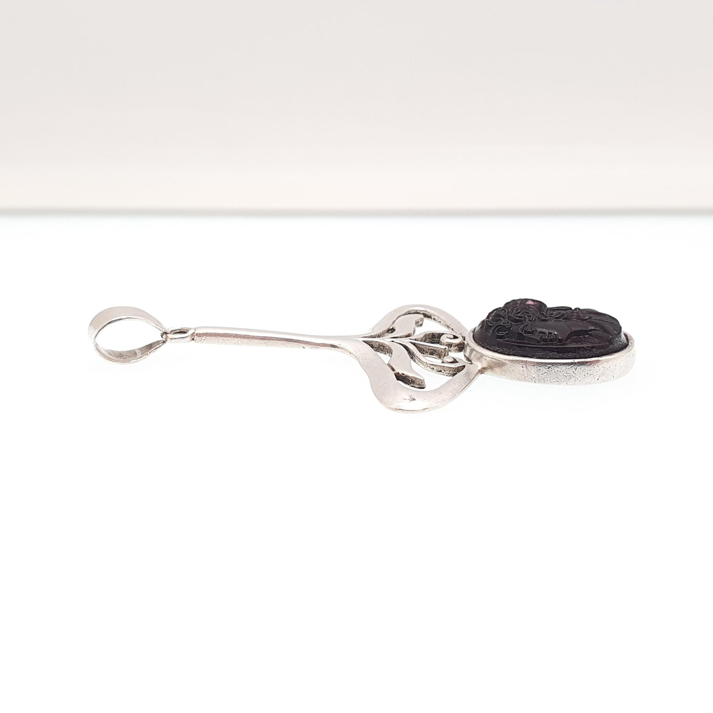 Antique Sterling Silver Glass Cameo Pendant Art Nouveau Faux Garnet Necklace Vintage Jewellery Jewelry
