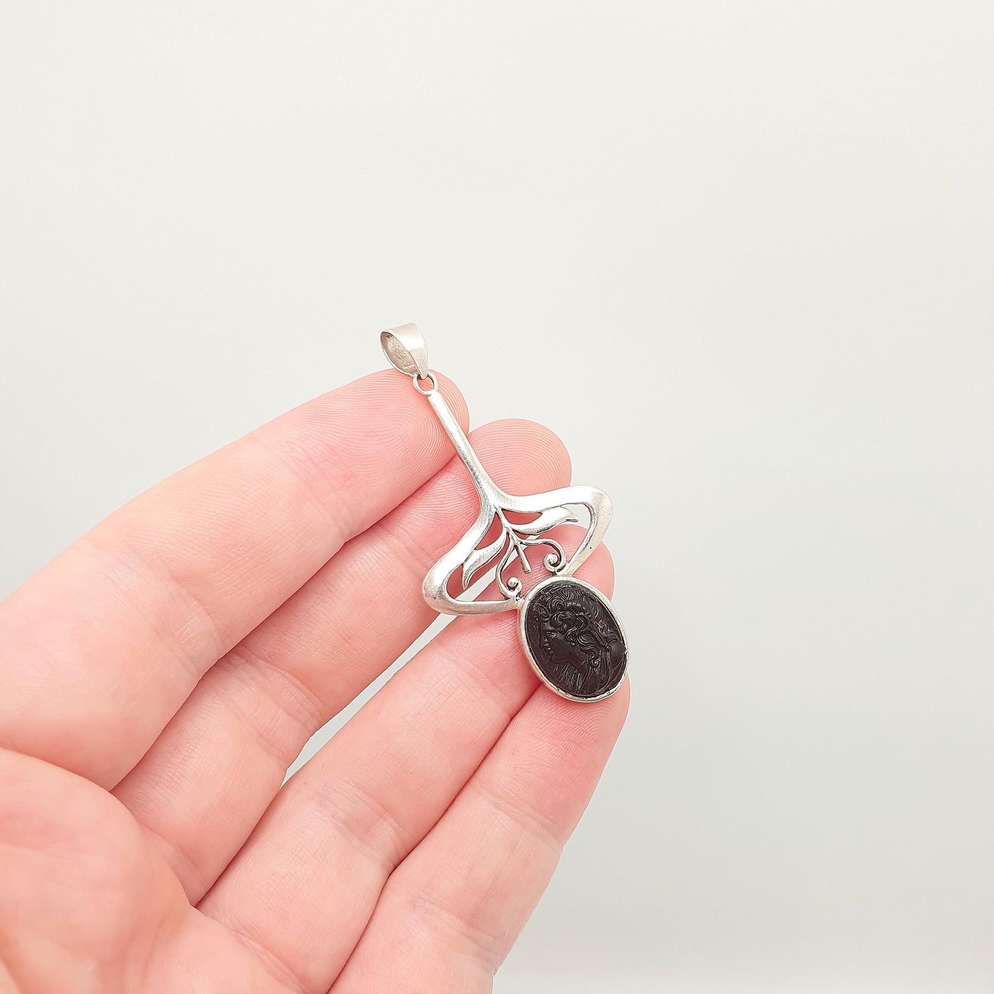 Antique Sterling Silver Glass Cameo Pendant Art Nouveau Faux Garnet Necklace Vintage Jewellery Jewelry