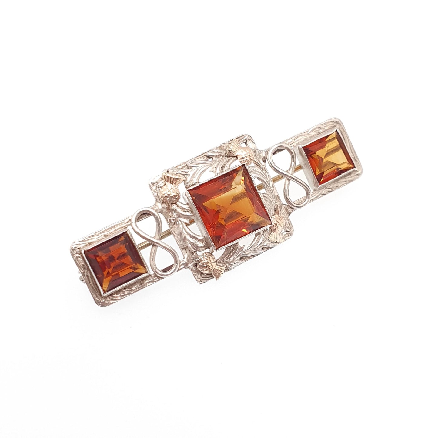 Antique Solid Silver Natural Garnet Brooch Scottish Thistle Flower Gold Highlights Square Cut Red Gemstone Vintage Jewelry Jewellery