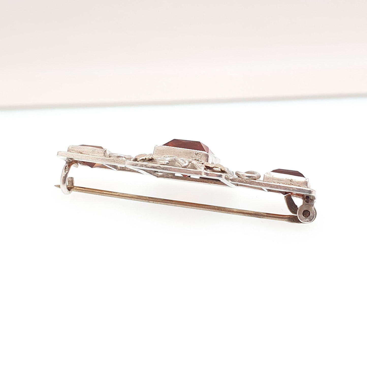 Antique Solid Silver Natural Garnet Brooch Scottish Thistle Flower Gold Highlights Square Cut Red Gemstone Vintage Jewelry Jewellery