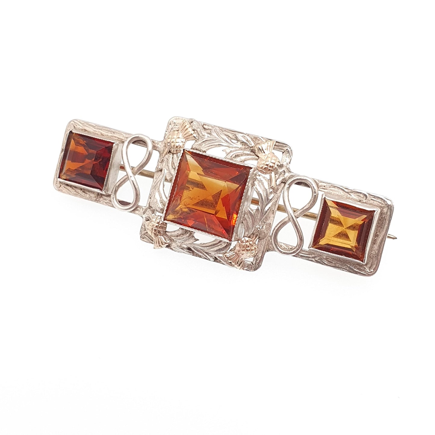 Antique Solid Silver Natural Garnet Brooch Scottish Thistle Flower Gold Highlights Square Cut Red Gemstone Vintage Jewelry Jewellery