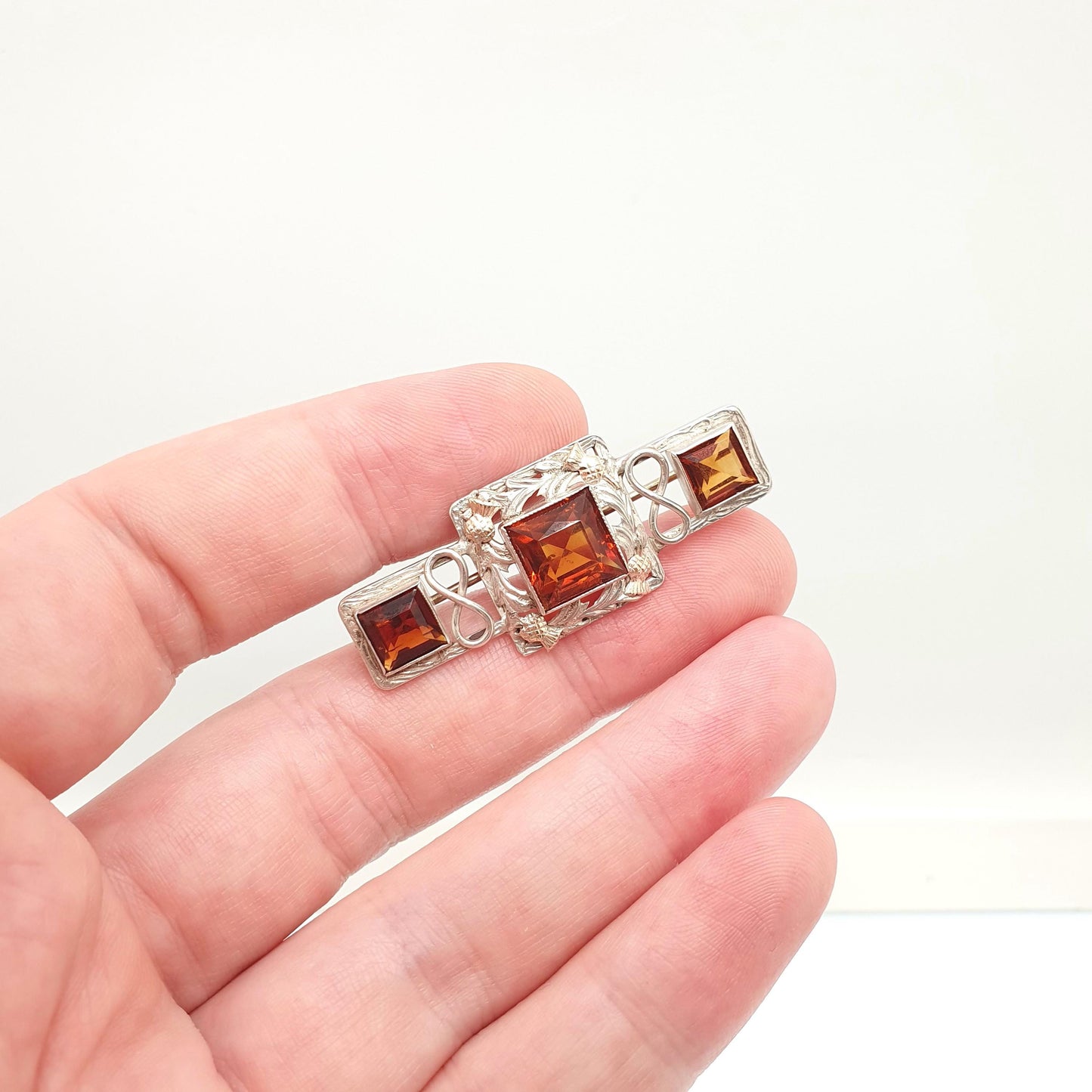 Antique Solid Silver Natural Garnet Brooch Scottish Thistle Flower Gold Highlights Square Cut Red Gemstone Vintage Jewelry Jewellery