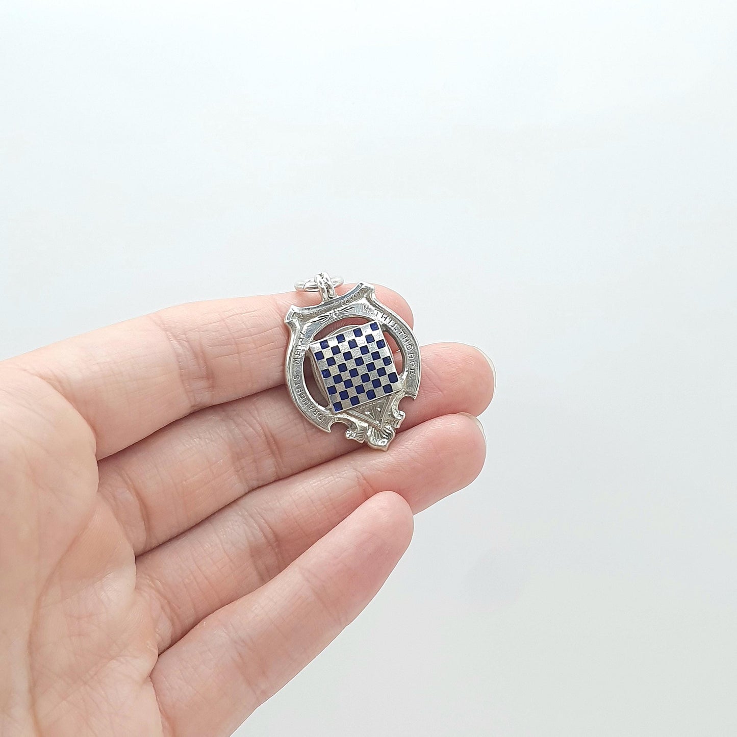 Antique Sterling Silver Draughts Medal Fob Pendant Checkers Blue Enamel Checkerboard 1925 Hallmark Womens Mens Jewelry Jewellery