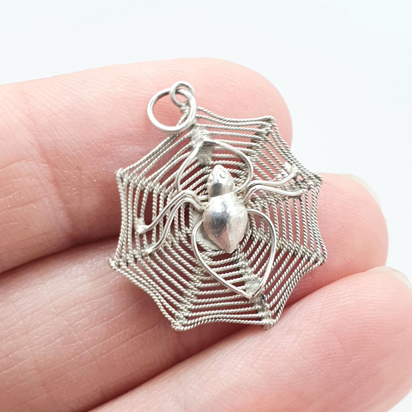 Vintage Sterling Silver Spider in Spiderweb Pendant Handmade Necklace Arachnid Insect Bug Womens Mens Jewelry Jewellery