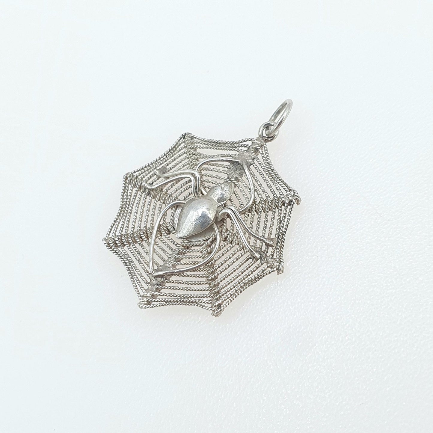 Vintage Sterling Silver Spider in Spiderweb Pendant Handmade Necklace Arachnid Insect Bug Womens Mens Jewelry Jewellery