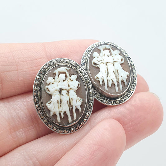Antique Solid Silver Three Graces Cameo Earrings Marcasite Border Clip On 1920s Hand Carved Shell Womens Vintage Jewelry Jewellery