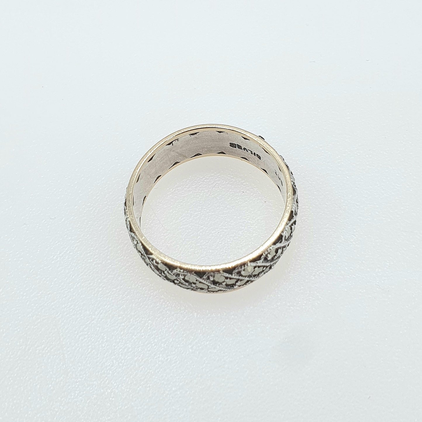 Antique 9ct Gold & Solid Silver Marcasite Eternity Ring Triple Wave Pattern Gift Love Womens Mens Jewellery Jewelry UK N  US 6.75