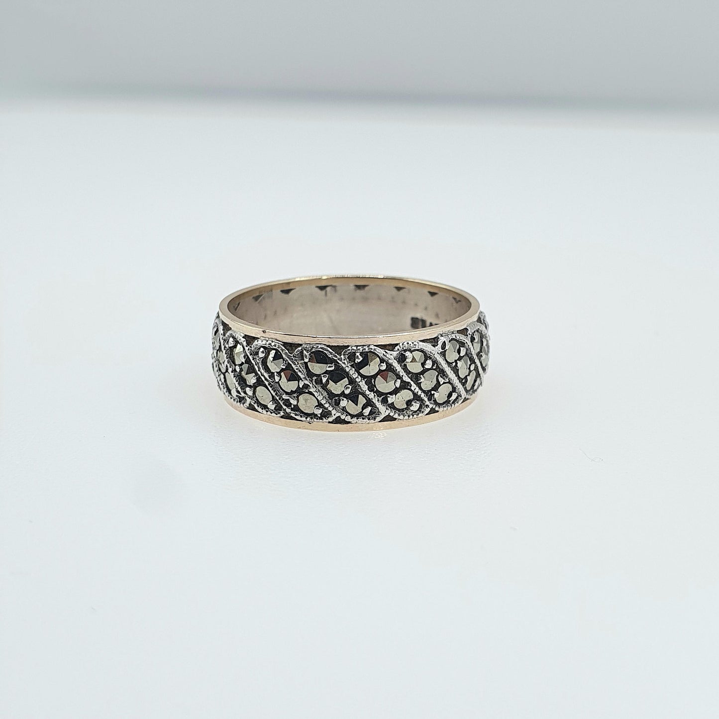 Antique 9ct Gold & Solid Silver Marcasite Eternity Ring Triple Wave Pattern Gift Love Womens Mens Jewellery Jewelry UK N  US 6.75