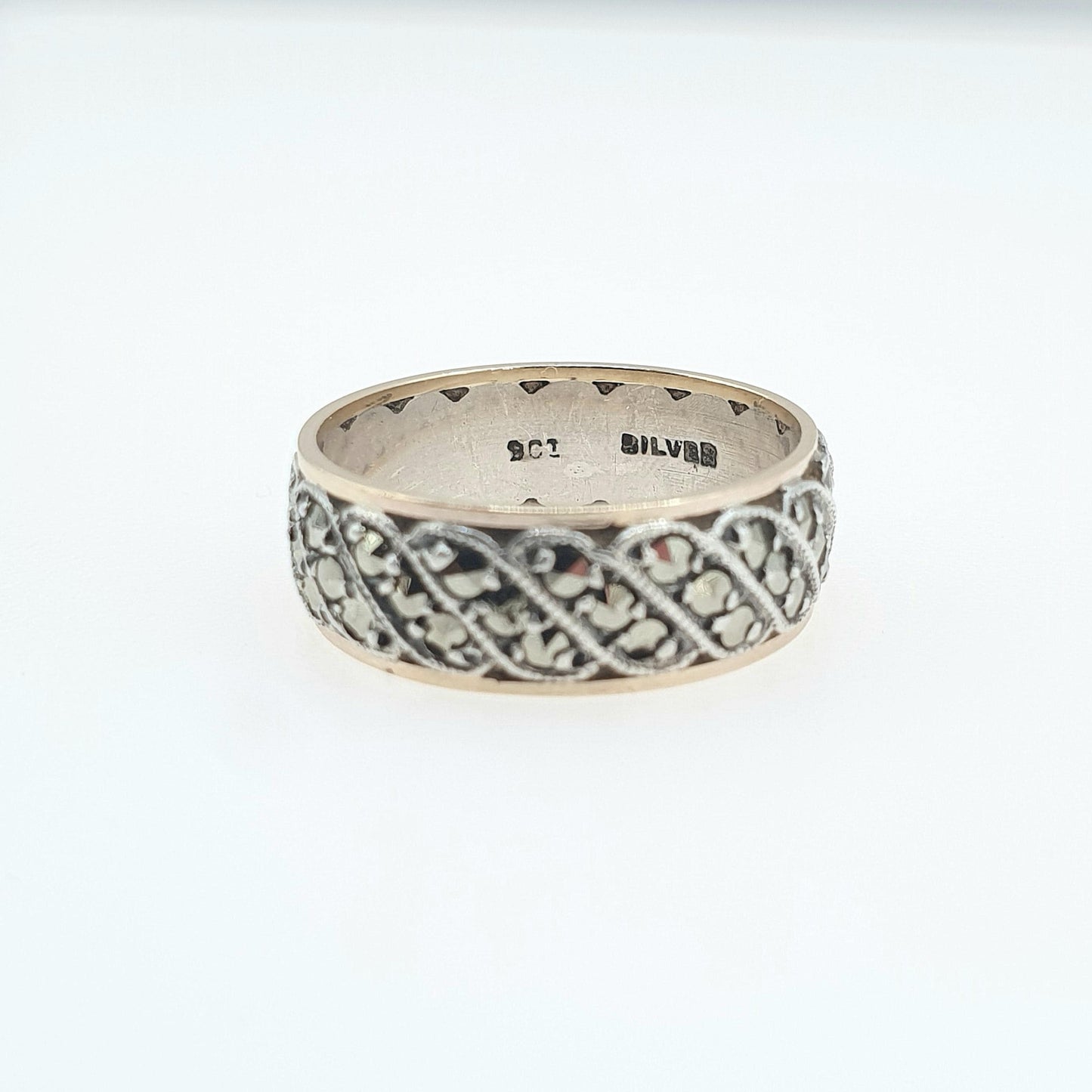 Antique 9ct Gold & Solid Silver Marcasite Eternity Ring Triple Wave Pattern Gift Love Womens Mens Jewellery Jewelry UK N  US 6.75