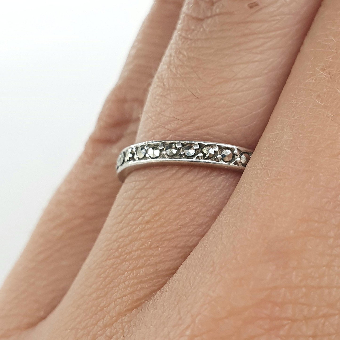 Antique Art Deco Solid Silver Marcasite Eternity Ring Stacker Stacking Promise Gift Women’s Mens Jewelry Jewellery UK J.5 US 5