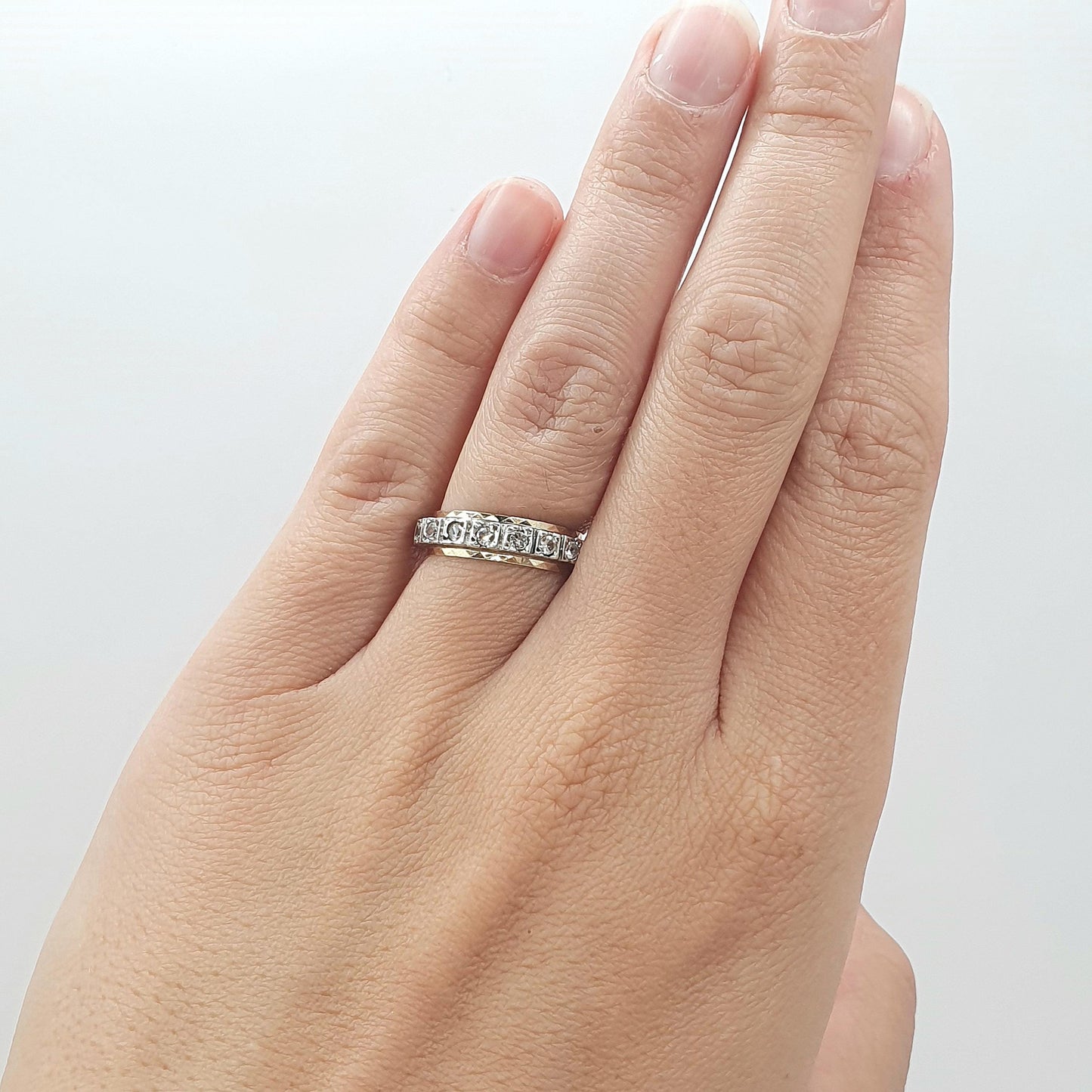 Antique 9ct Gold & Solid Silver White Spinel Eternity Ring Square Pattern Love Gift Vintage Womens Jewelry Jewellery UK K or US 5.25