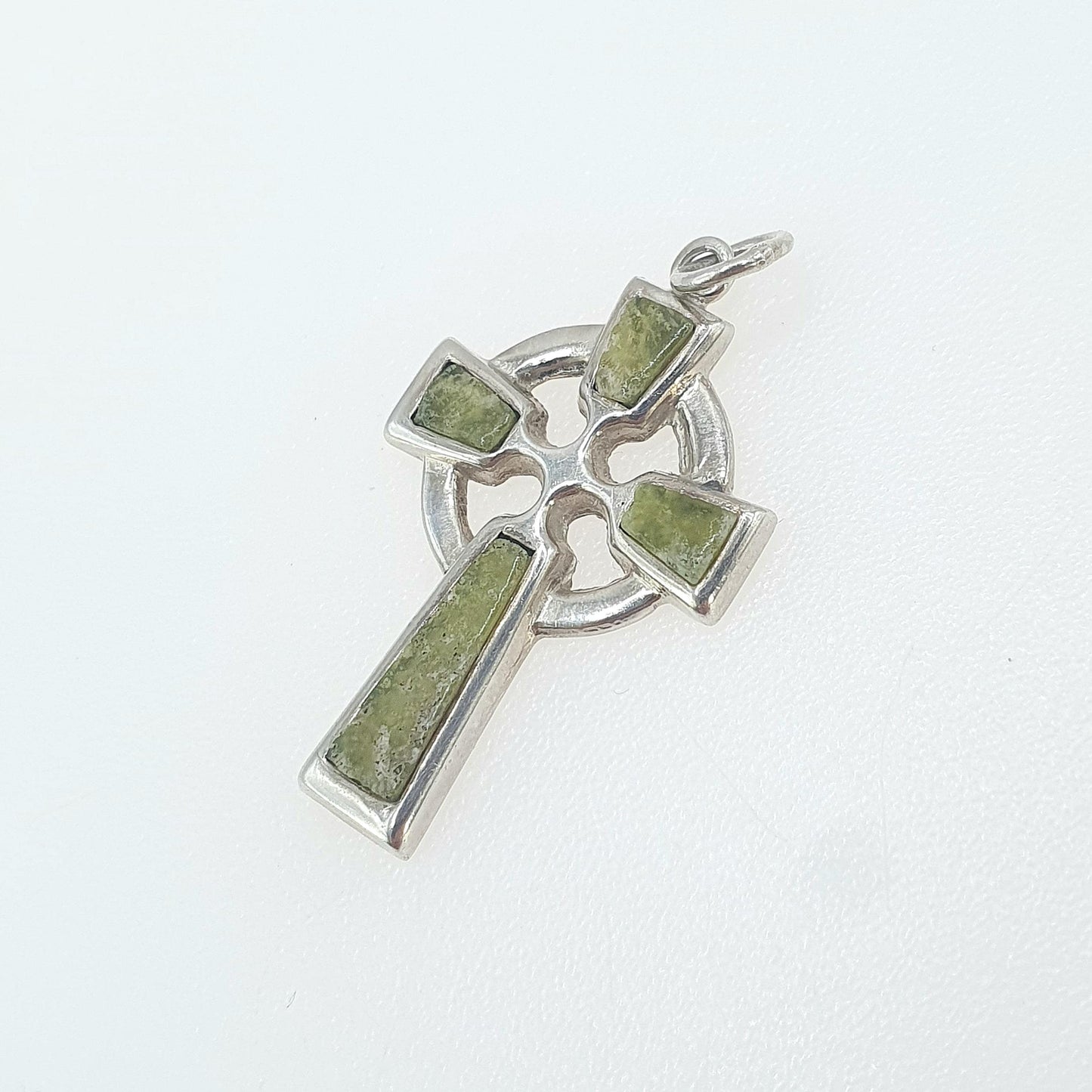 Antique Solid Silver Connemara Marble Celtic Cross Pendant Crucifix Irish Gemstone Necklace Jewelry Jewellery Womens Mens