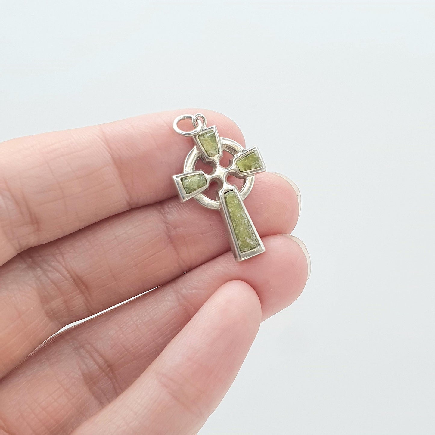 Antique Solid Silver Connemara Marble Celtic Cross Pendant Crucifix Irish Gemstone Necklace Jewelry Jewellery Womens Mens